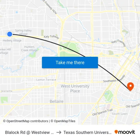 Blalock Rd @ Westview Dr to Texas Southern University map