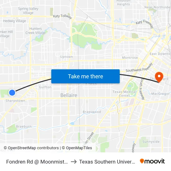 Fondren Rd @ Moonmist Dr to Texas Southern University map