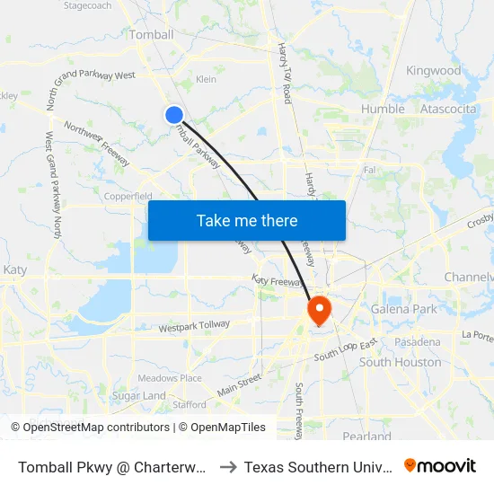 Tomball Pkwy @ Charterwood Dr to Texas Southern University map