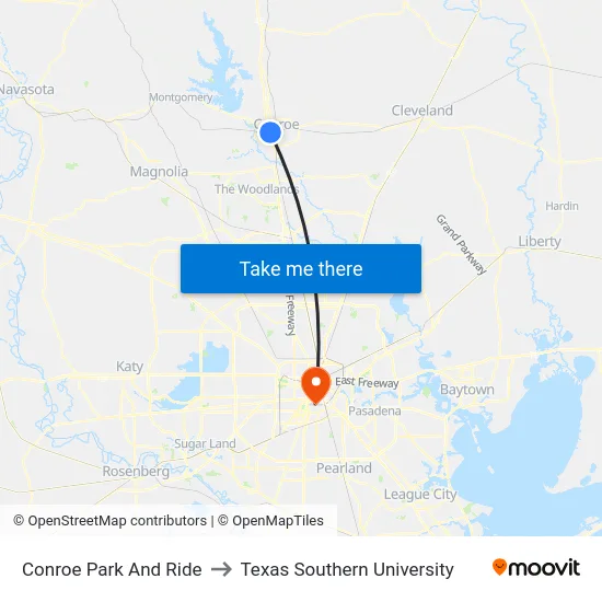 Conroe Park And Ride to Texas Southern University map