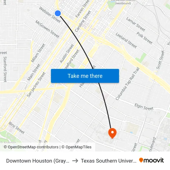 Downtown Houston (Gray St.) to Texas Southern University map