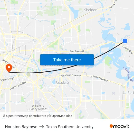 Houston Baytown to Texas Southern University map