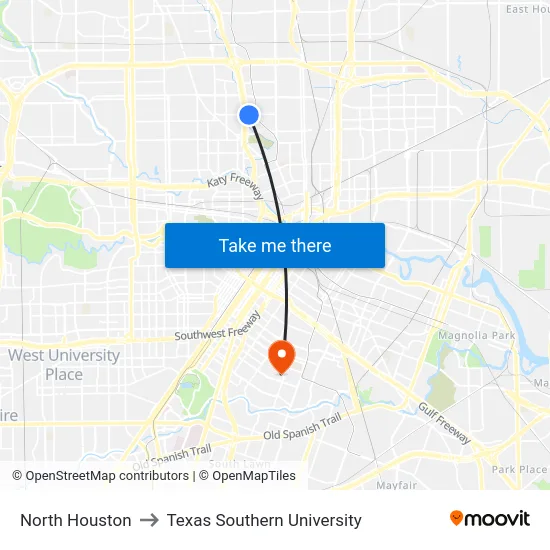 North Houston to Texas Southern University map