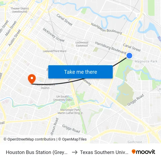 Houston Bus Station (Greyhound) to Texas Southern University map