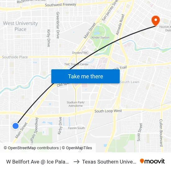 W Bellfort Ave @ Ice Palace Dr to Texas Southern University map
