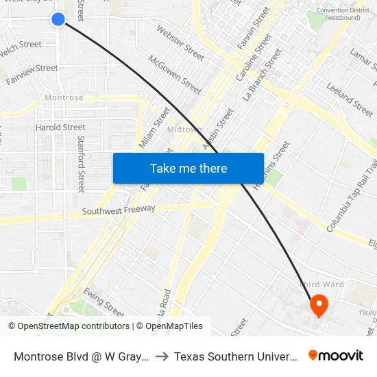 Montrose Blvd @ W Gray St to Texas Southern University map