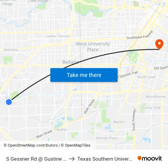 S Gessner Rd @ Gustine Ln to Texas Southern University map