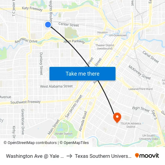 Washington Ave @ Yale St to Texas Southern University map