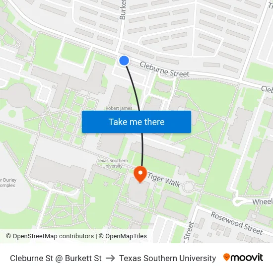 Cleburne St @ Burkett St to Texas Southern University map