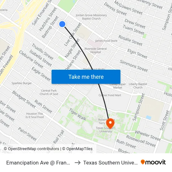 Emancipation Ave @ Francis St to Texas Southern University map