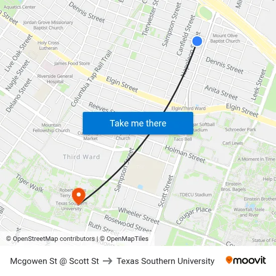 Mcgowen St @ Scott St to Texas Southern University map