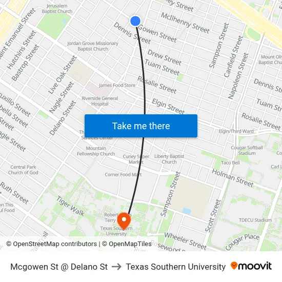Mcgowen St @ Delano St to Texas Southern University map