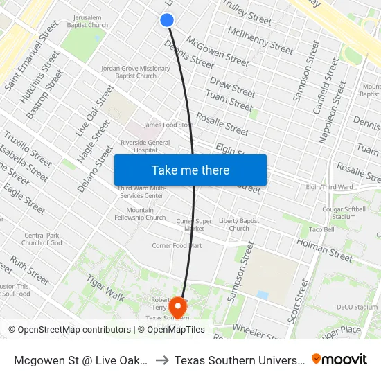 Mcgowen St @ Live Oak St to Texas Southern University map