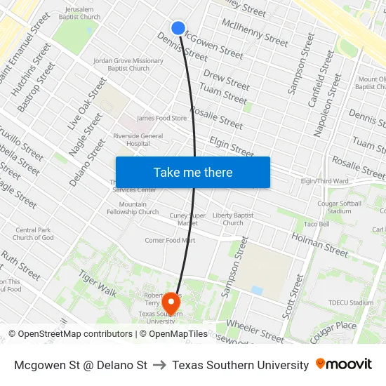 Mcgowen St @ Delano St to Texas Southern University map