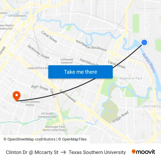 Clinton Dr @ Mccarty St to Texas Southern University map