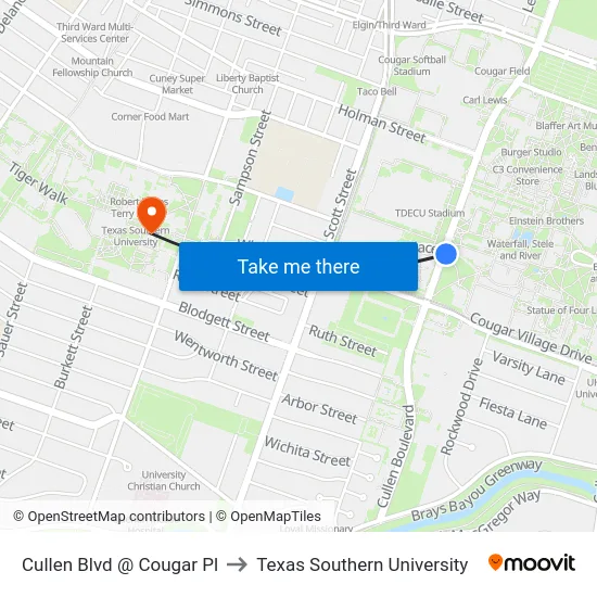 Cullen Blvd @ Cougar Pl to Texas Southern University map