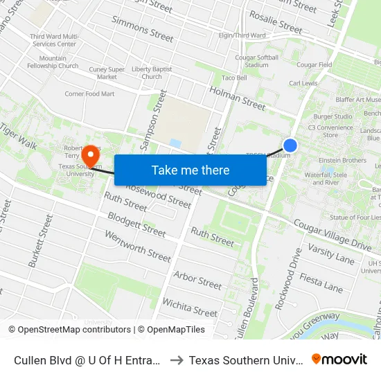 Cullen Blvd @ U Of H Entrance 14 to Texas Southern University map