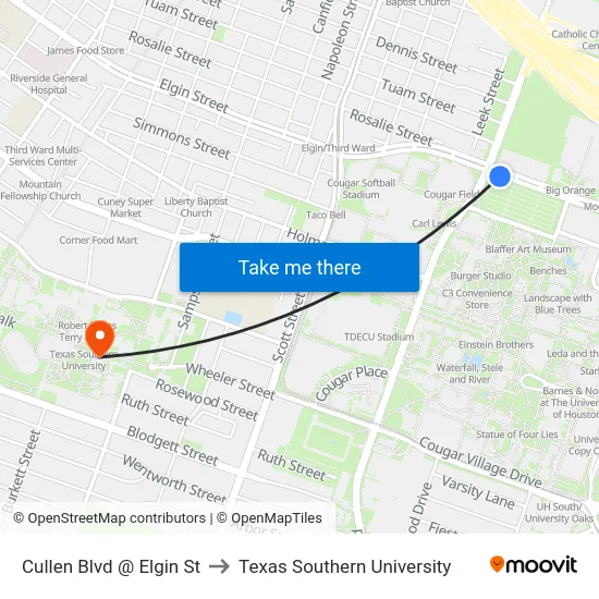 Cullen Blvd @ Elgin St to Texas Southern University map