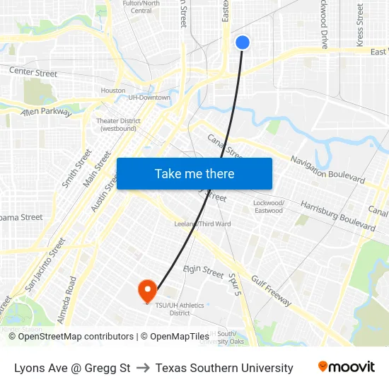 Lyons Ave @ Gregg St to Texas Southern University map