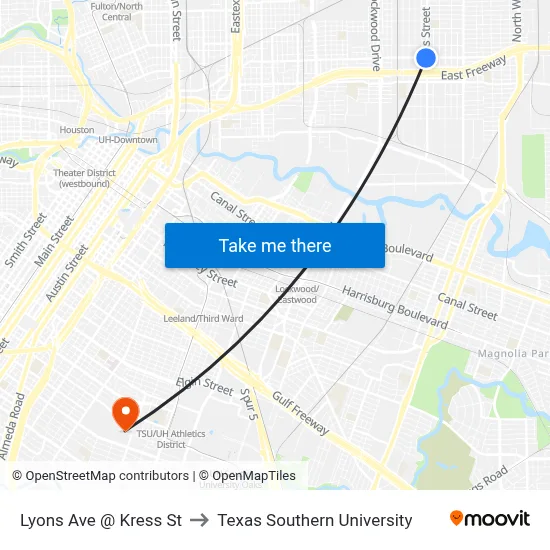 Lyons Ave @ Kress St to Texas Southern University map