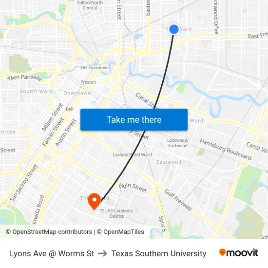 Lyons Ave @ Worms St to Texas Southern University map
