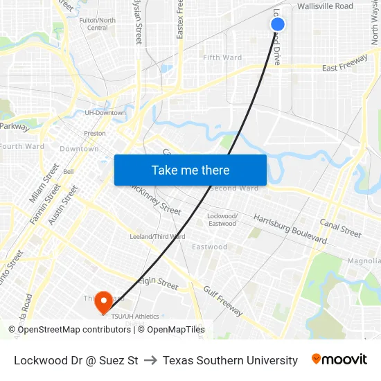 Lockwood Dr @ Suez St to Texas Southern University map