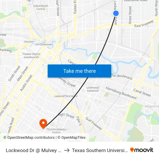 Lockwood Dr @ Mulvey St to Texas Southern University map