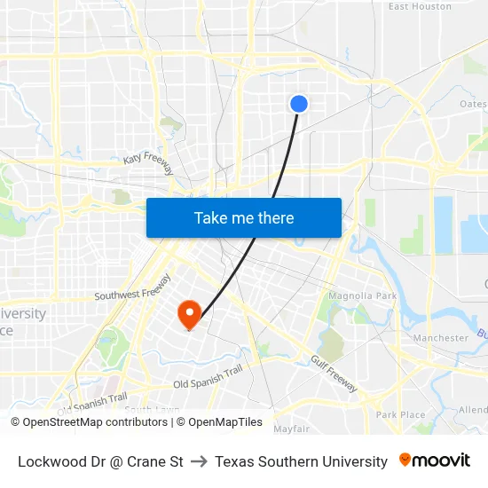 Lockwood Dr @ Crane St to Texas Southern University map