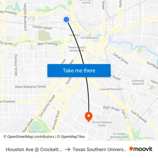 Houston Ave @ Crockett St to Texas Southern University map