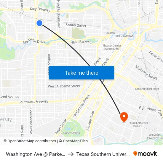 Washington Ave @ Parker St to Texas Southern University map