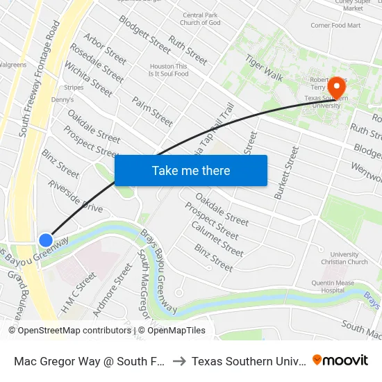 Mac Gregor Way @ South Freeway to Texas Southern University map