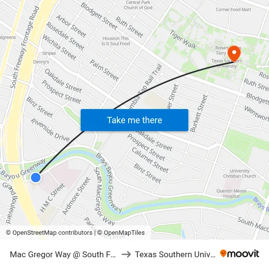 Mac Gregor Way @ South Freeway to Texas Southern University map