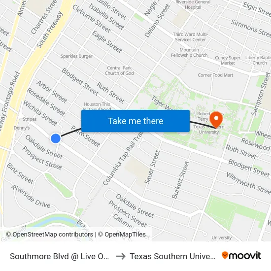 Southmore Blvd @ Live Oak St to Texas Southern University map