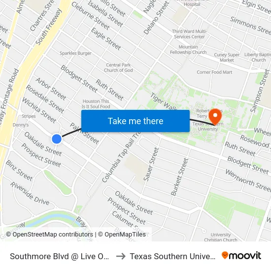 Southmore Blvd @ Live Oak St to Texas Southern University map