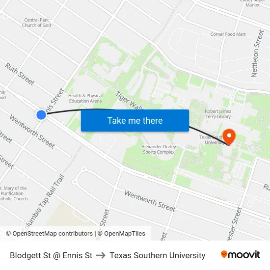 Blodgett St @ Ennis St to Texas Southern University map