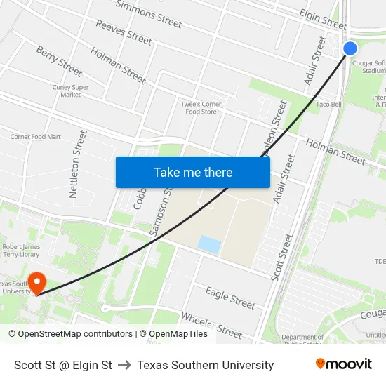 Scott St @ Elgin St to Texas Southern University map