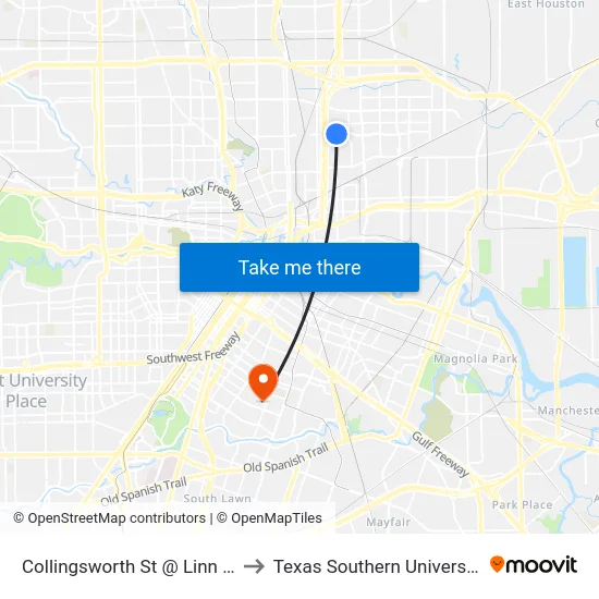Collingsworth St @ Linn St to Texas Southern University map