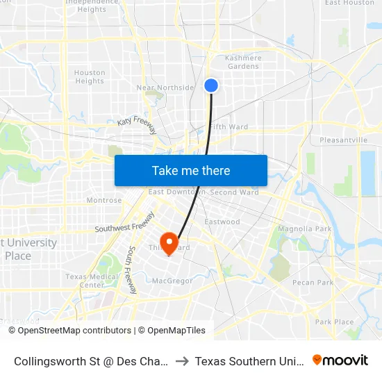 Collingsworth St @ Des Chaumes St to Texas Southern University map