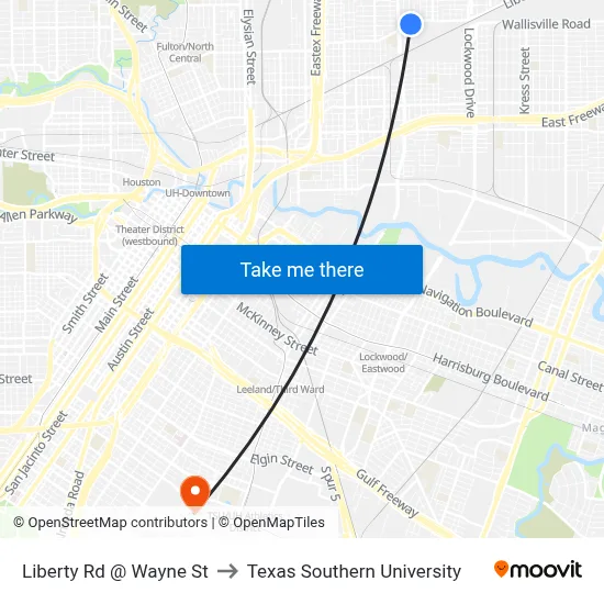 Liberty Rd @ Wayne St to Texas Southern University map
