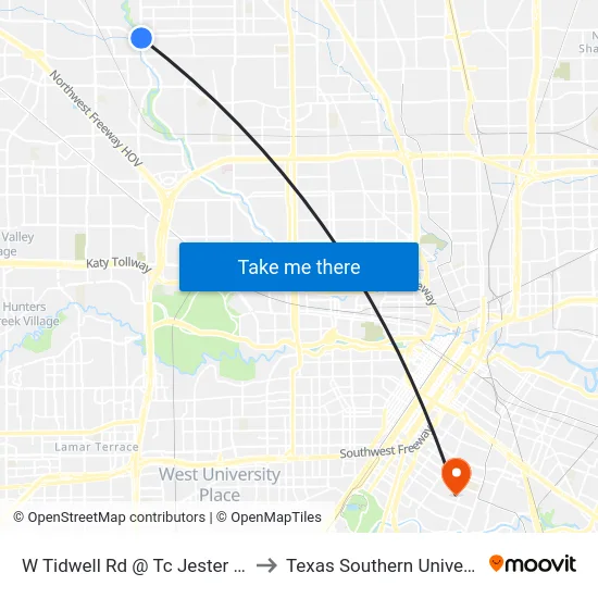 W Tidwell Rd @ Tc Jester Blvd to Texas Southern University map