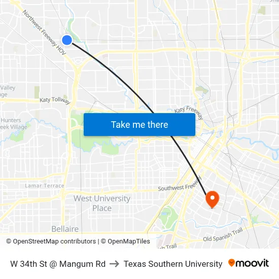 W 34th St @ Mangum Rd to Texas Southern University map
