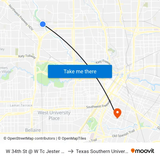 W 34th St @ W Tc Jester Blvd to Texas Southern University map