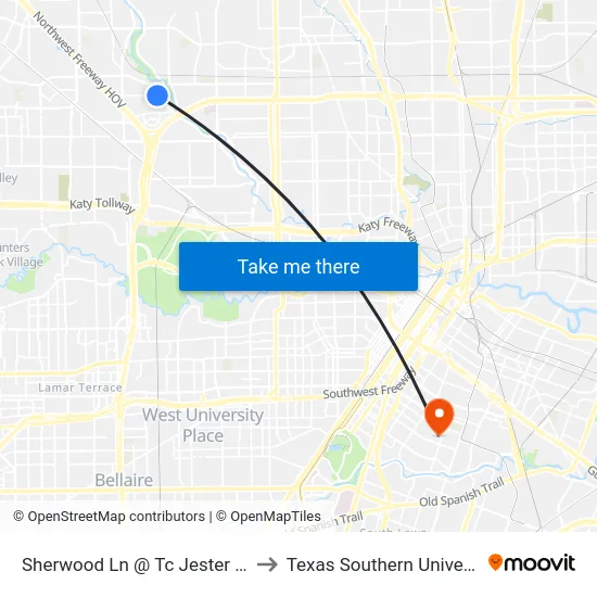 Sherwood Ln @ Tc Jester Blvd to Texas Southern University map