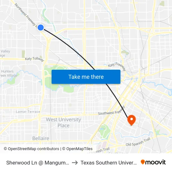Sherwood Ln @ Mangum Rd to Texas Southern University map
