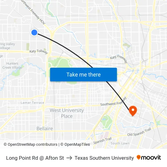 Long Point Rd @ Afton St to Texas Southern University map