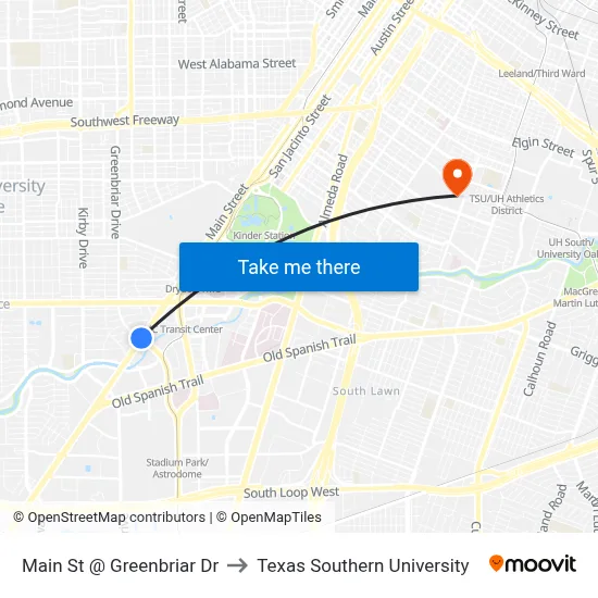 Main St @ Greenbriar Dr to Texas Southern University map