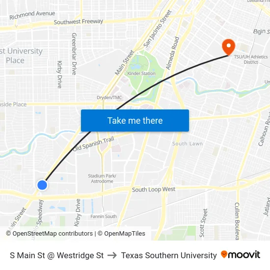 S Main St @ Westridge St to Texas Southern University map