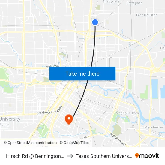 Hirsch Rd @ Bennington St to Texas Southern University map