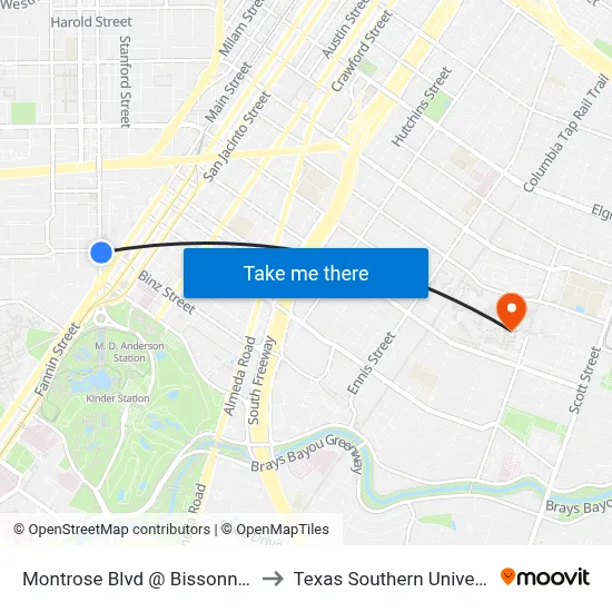 Montrose Blvd @ Bissonnet St to Texas Southern University map