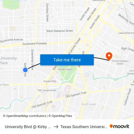 University Blvd @ Kirby Dr to Texas Southern University map